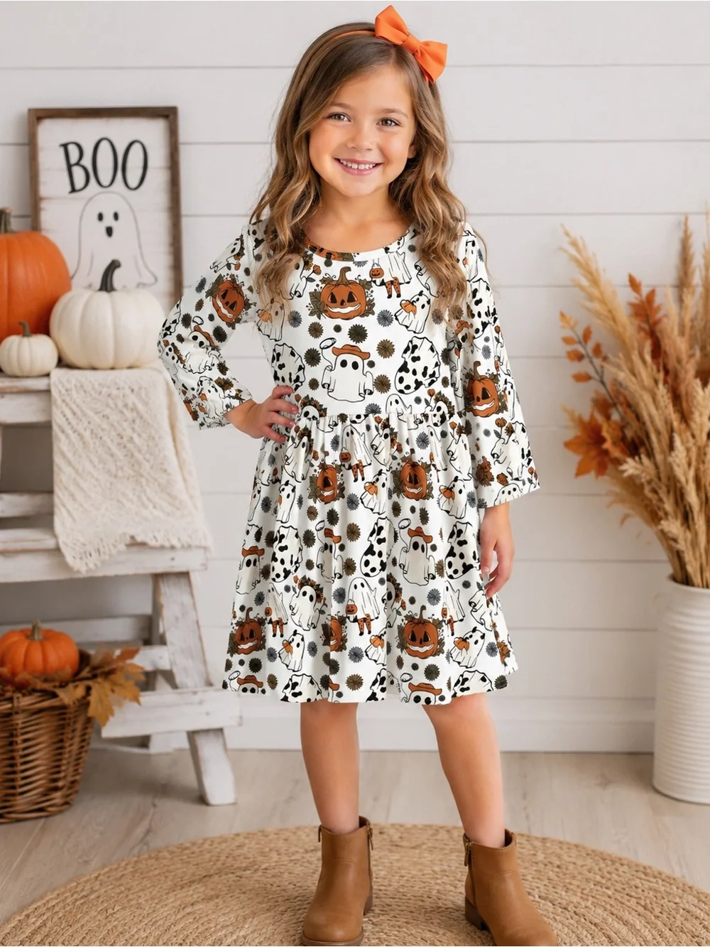 Halloween Ghost Pumpkin Disco Cowgirl Long Sleeve Dress Western Girls‎ 5t 5Y